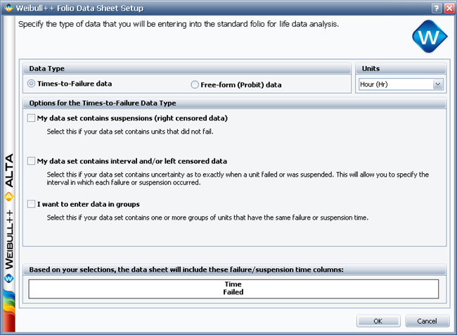 Weibull++ Data Sheet Setup window